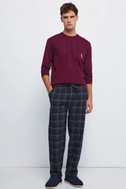 Springfield Pijama largo pantalón fannel cuadros granate burdeos Outlet