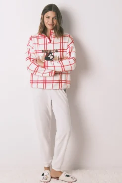 Women'secret Pijama largo polar cuadros blanco Mafalda marfil Outlet
