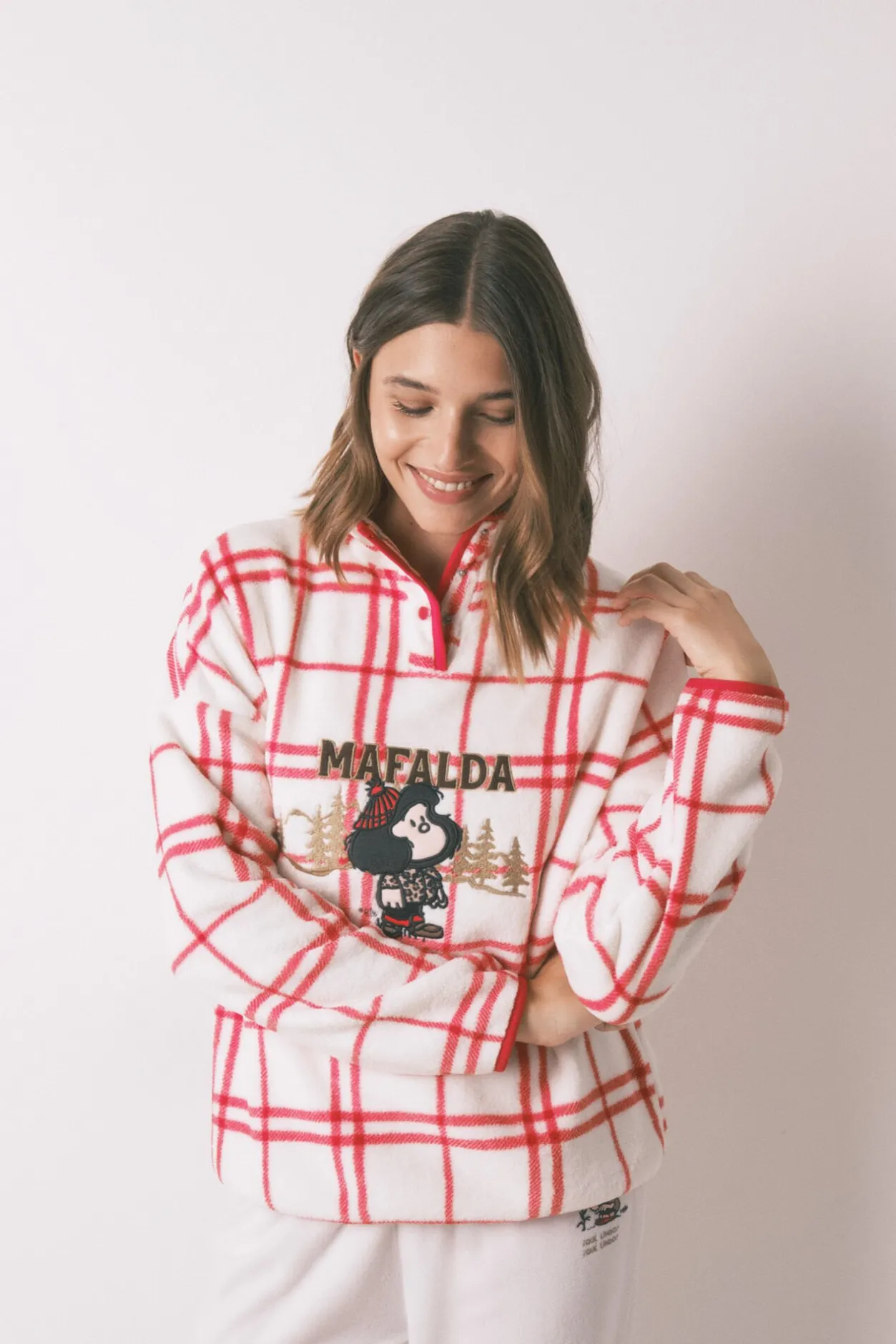 Women'secret Pijama largo polar cuadros blanco Mafalda marfil Outlet