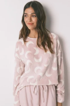 Women'secret Pijama largo polar mousse lunas rosa Discount