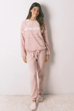 Women'secret Pijama largo polar cenefa rosa Discount