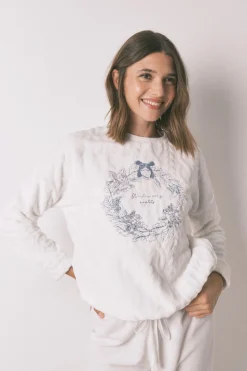 Women'secret Pijama largo polar suave blanco marfil Discount