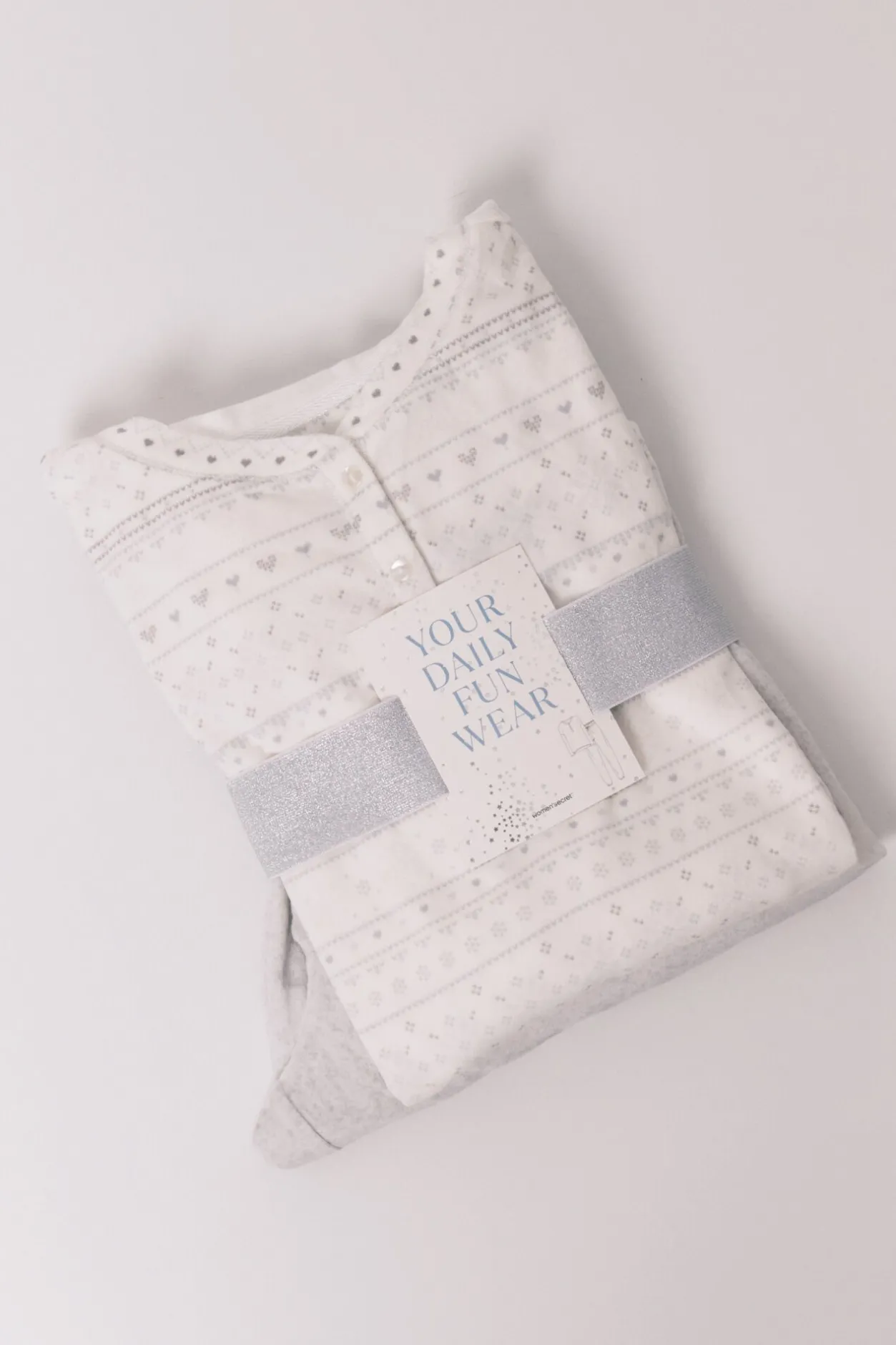 Women'secret Pijama largo polar suave cenefas gris blanco New