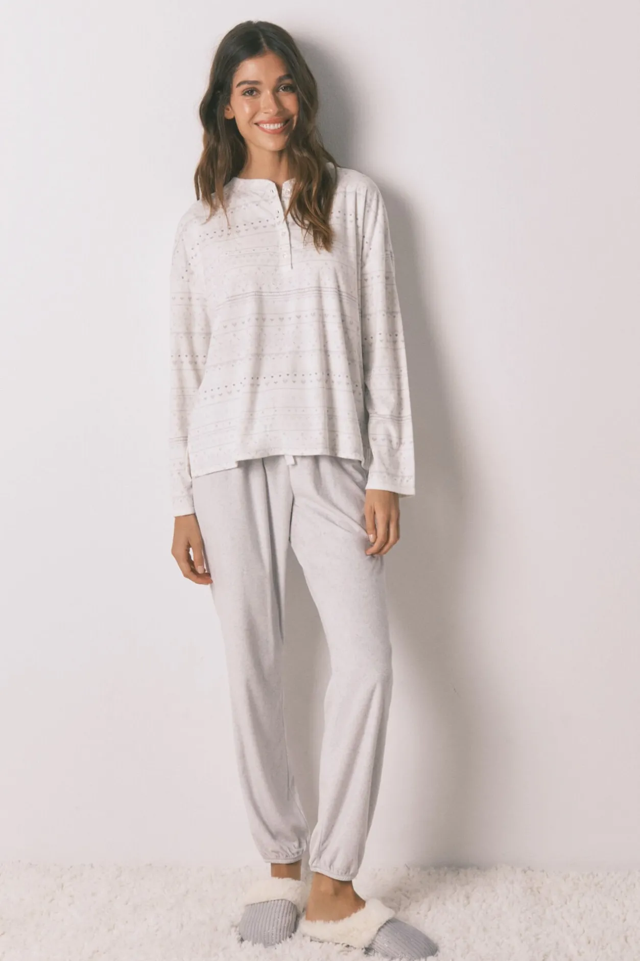 Women'secret Pijama largo polar suave cenefas gris blanco New