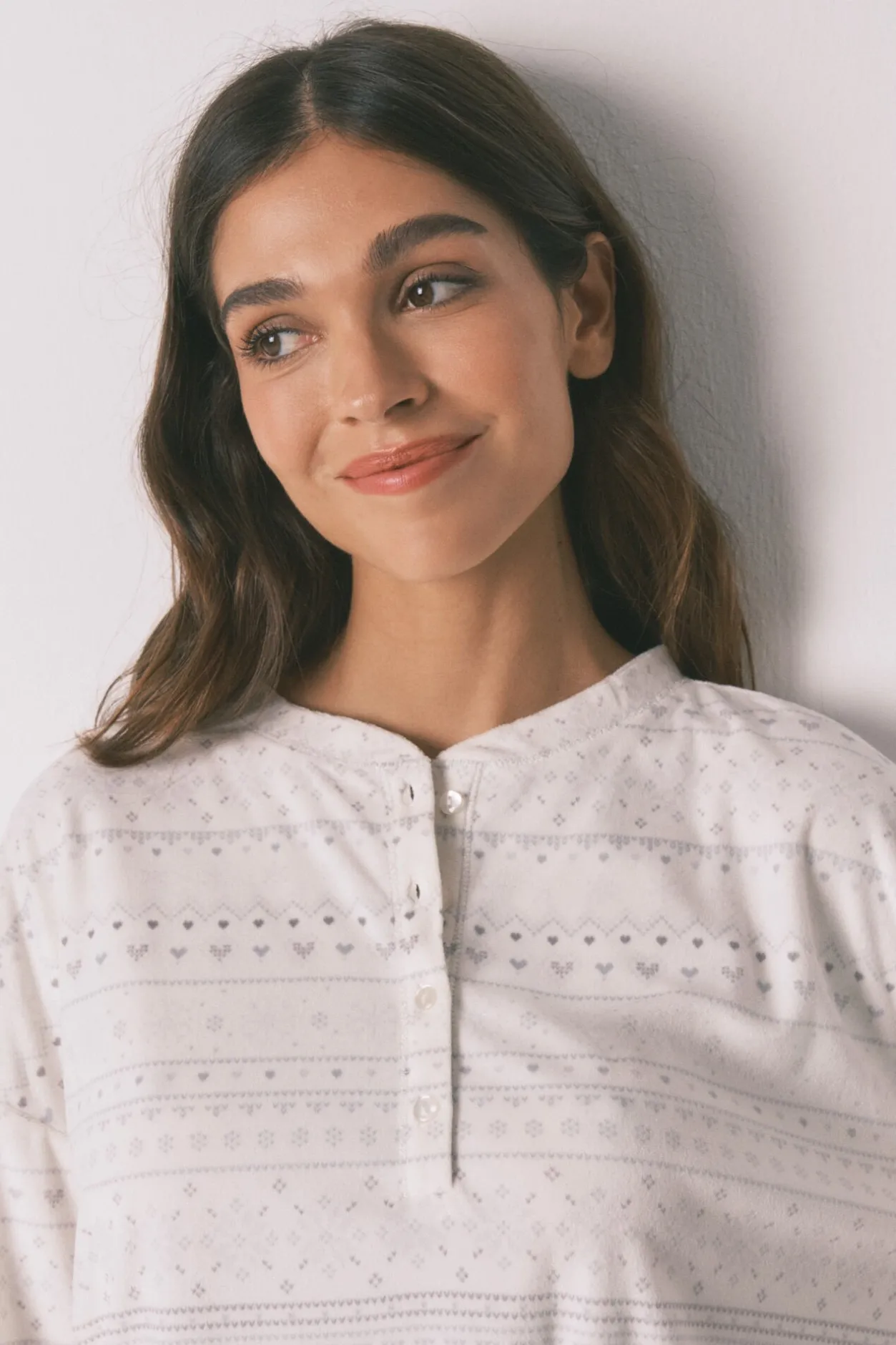 Women'secret Pijama largo polar suave cenefas gris blanco New