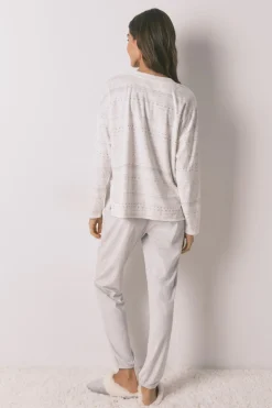 Women'secret Pijama largo polar suave cenefas gris blanco New