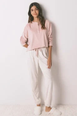 Women'secret Pijama largo polar suave cenefas rosa Clearance