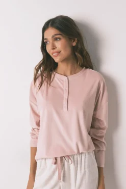 Women'secret Pijama largo polar suave cenefas rosa Clearance