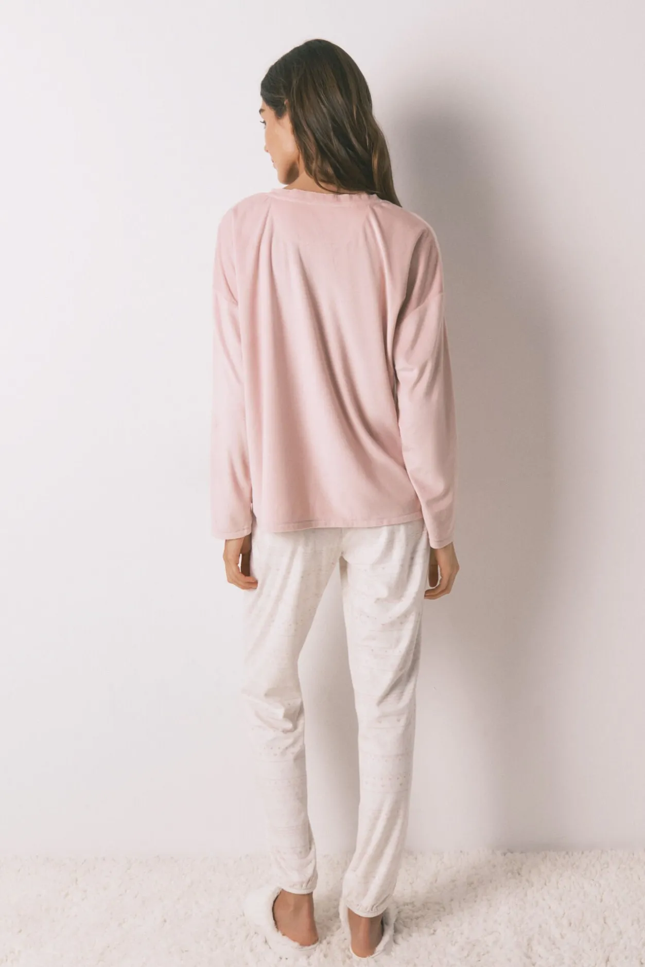 Women'secret Pijama largo polar suave cenefas rosa Clearance