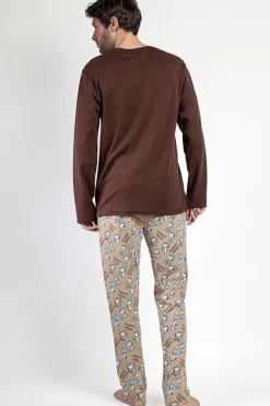 Admas Pijama largo Snoopy 100% algodón para hombre marr&oacute;n Hot