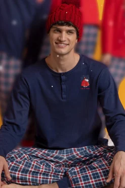 Admas Pijama largo Snoopy cuadros 100% algodón azul Online