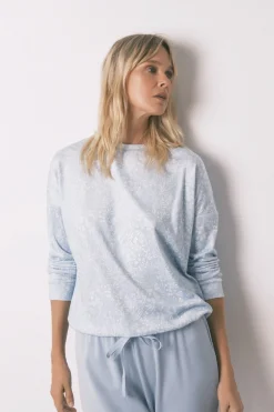 Women'secret Pijama largo terciopelo brillo flores azul Hot