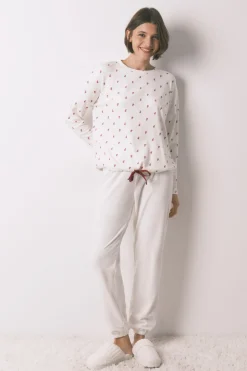 Women'secret Pijama largo terciopelo blanco flores marfil New