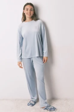 Women'secret Pijama largo terciopelo canalé azul Clearance