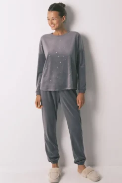 Women'secret Pijama largo terciopelo suave brillo gris Hot