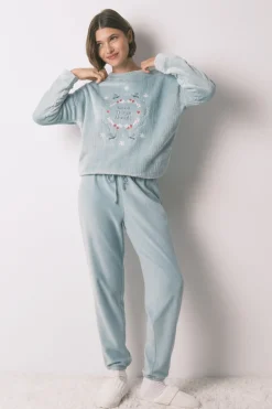 Women'secret Pijama largo terciopelo textura azul New