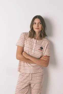 Women'secret Pijama largo textura gofre afelpado cenefas Mafalda marfil Discount