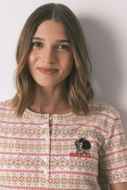 Women'secret Pijama largo textura gofre afelpado cenefas Mafalda marfil Discount