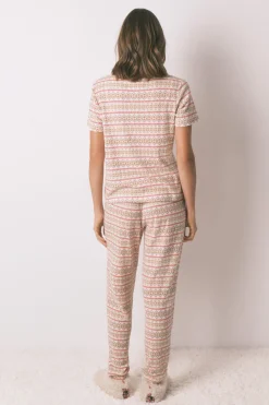 Women'secret Pijama largo textura gofre afelpado cenefas Mafalda marfil Discount