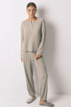 Women'secret Pijama largo textura waffle verde kaki Discount