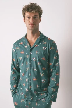 Women'secret Pijama masculino camisero perritos 100% algodón verde