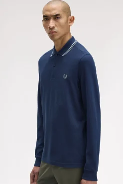 Fred Perry Polo de hombre de piqué de manga larga Azul marino Outlet