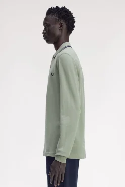 Fred Perry Polo de hombre de piqué de manga larga Kaki Online