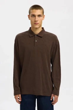 Selected Polo jacquard de manga larga 100% algodón orgánico Marr&oacute;n oscuro Online