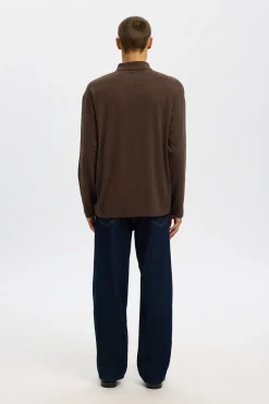 Selected Polo jacquard de manga larga 100% algodón orgánico Marr&oacute;n oscuro Online