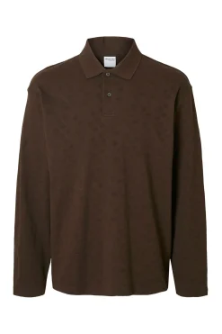Selected Polo jacquard de manga larga 100% algodón orgánico Marr&oacute;n oscuro Online