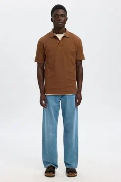 Selected Polo Rib de manga corta Regular Fit. Marr&oacute;n oscuro Clearance