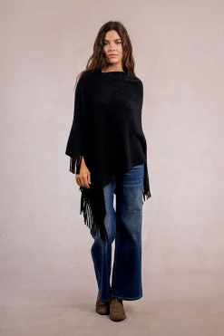 Molly Bracken Poncho asimétrico con flecos Negro New