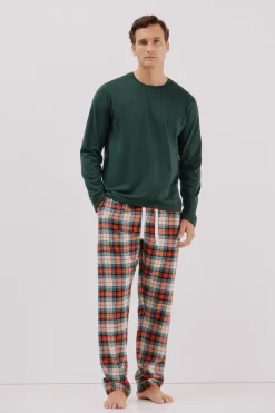 Cortefiel Set de pijama punto y tela Verde oscuro Clearance