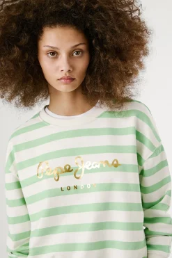 Pepe Jeans Sudadera de manga larga a rayas con logo frontal verde Sale