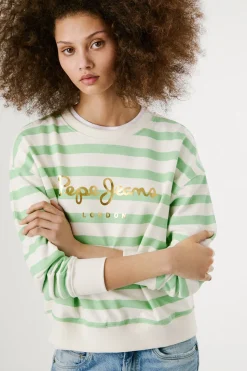 Pepe Jeans Sudadera de manga larga a rayas con logo frontal verde Sale