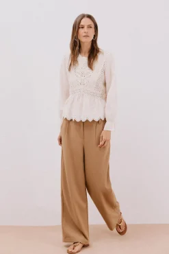 Cortefiel Top combinado crochet Marfil Discount