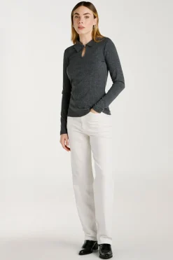 Vila Top de manga larga con cuello polo Gris Online