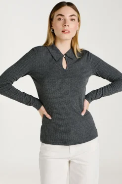 Vila Top de manga larga con cuello polo Gris Online