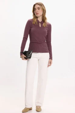 Vila Top de manga larga con cuello polo Morado Discount