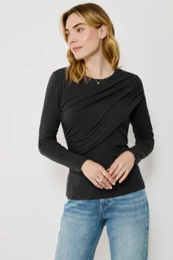 Vila Top de manga larga con detalle drapeado Negro Clearance