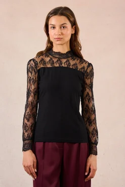Molly Bracken Top de manga larga detalles de encaje Negro Online