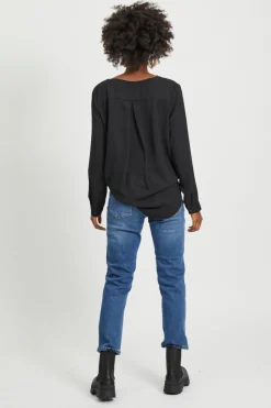 Vila Top de mujer de manga larga con escote en pico Negro Clearance