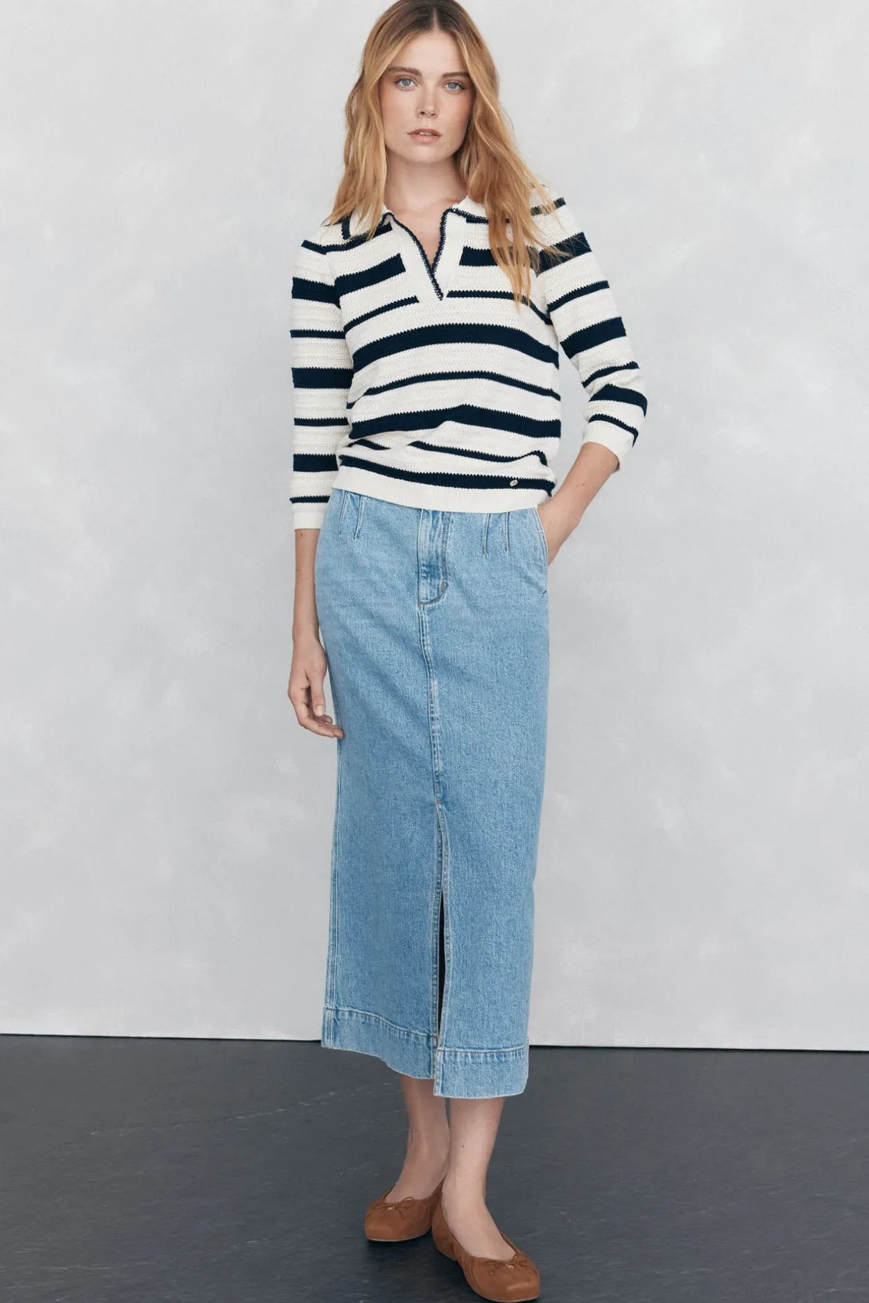 Pedro del Hierro Top de punto camisero con estructura y rayas Azul Hot