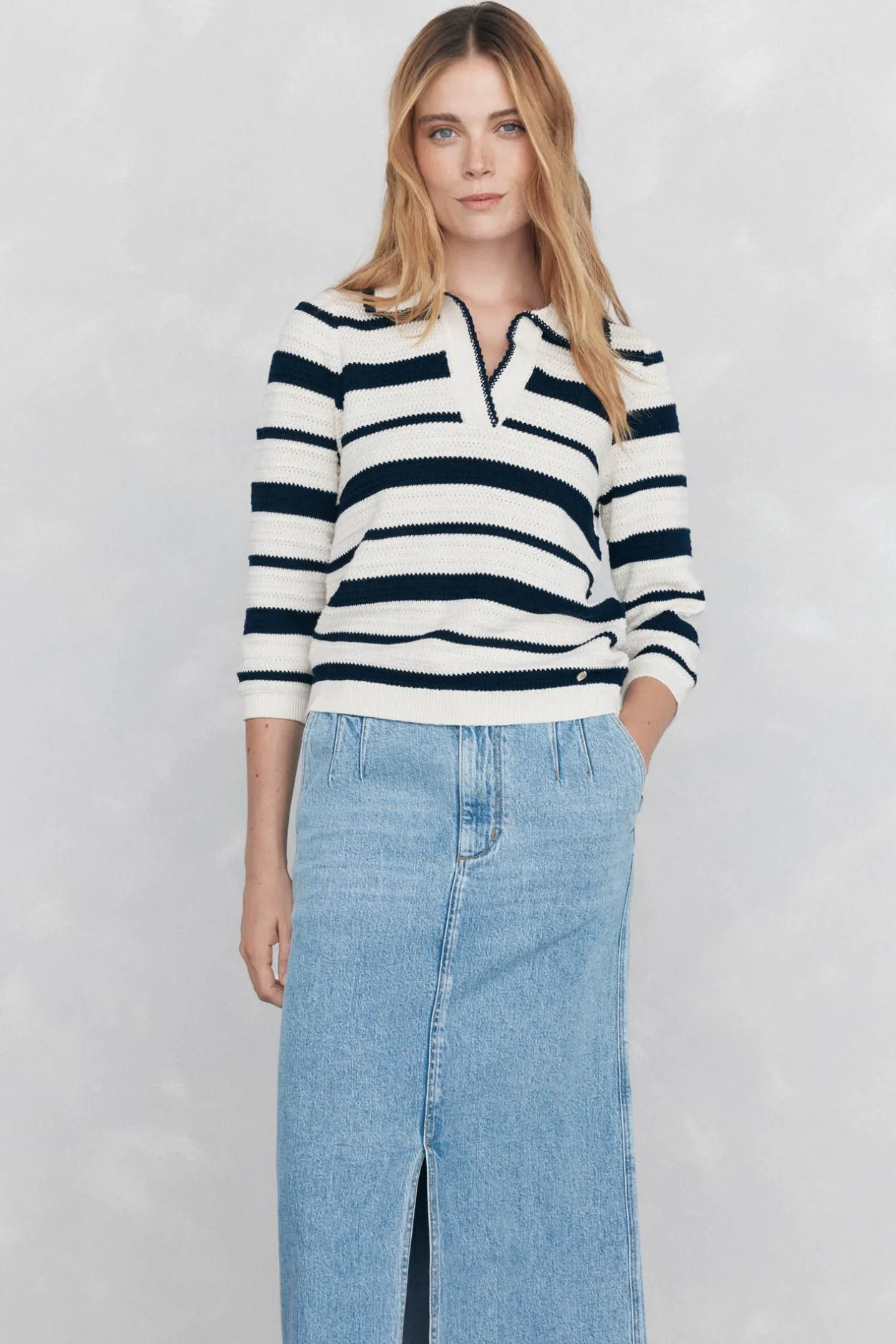 Pedro del Hierro Top de punto camisero con estructura y rayas Azul Hot