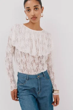 Cortefiel Top encaje volante Blanco Outlet