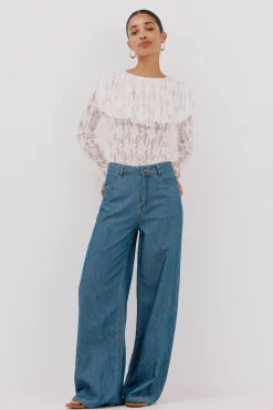 Cortefiel Top encaje volante Blanco Outlet