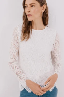 Cortefiel Top guipur manga larga Blanco Discount