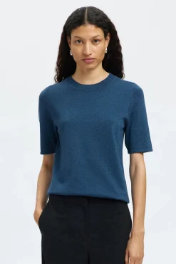 Selected Top manga corta brillo Azul marino Best