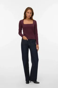Vero Moda Top manga larga escote cuadrado Granate Hot