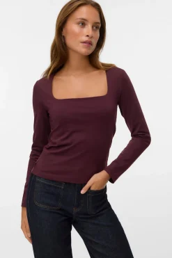 Vero Moda Top manga larga escote cuadrado Granate Hot